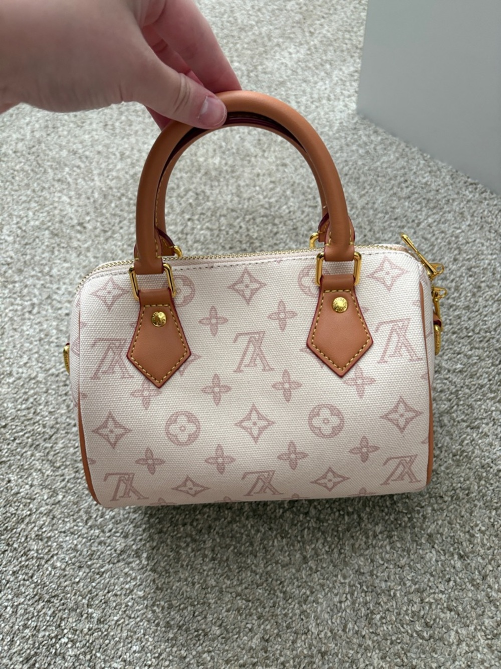 Designer-Inspired Pink Monogram Satchel with Tan Handles